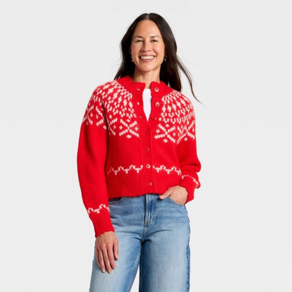 Universal Thread Red and White V-Neck Fair Isle Cardigan Sweater